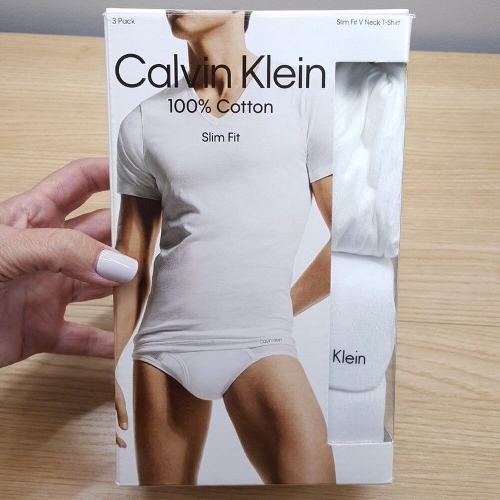 CALVIN KLEIN Shirt Mens Small White 3-Pack V-Neck Slim Fit 100% Cotton T-Shirt